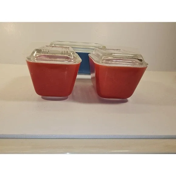 Vintage PYREX Refrigerator Dishes 3 Piece Set W 2 Lids 501, 502 Primary Colors - Picture 5 of 16